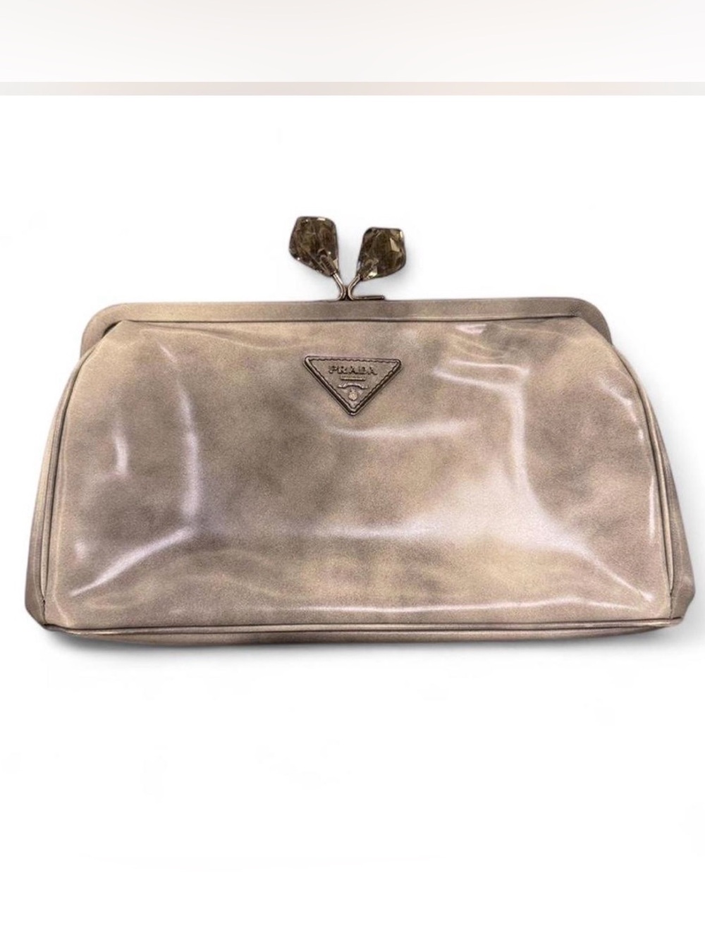 Prada Metallic Silver Patent Clasp Wristlet Clutch